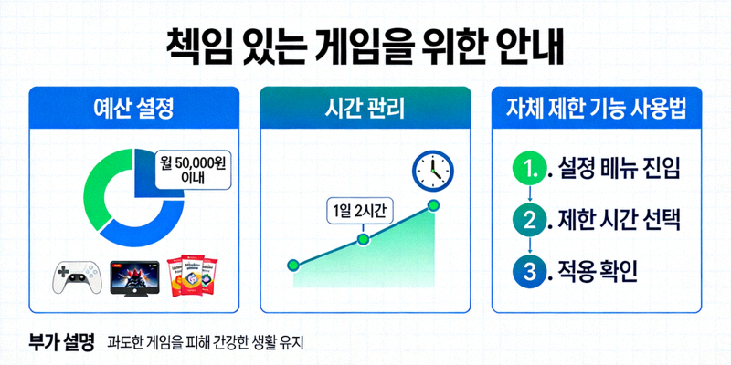 책임 있는 게임을 위한 예산 설정, 시간 관리, 자체 제한 기능 사용법을 안내하는 개념도