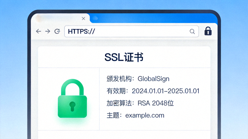 웹 브라우저 주소창에 표시되는 HTTPS 프로토콜과 자물쇠 아이콘, 그리고 SSL 인증서 정보를 강조하는 설명 이미지
